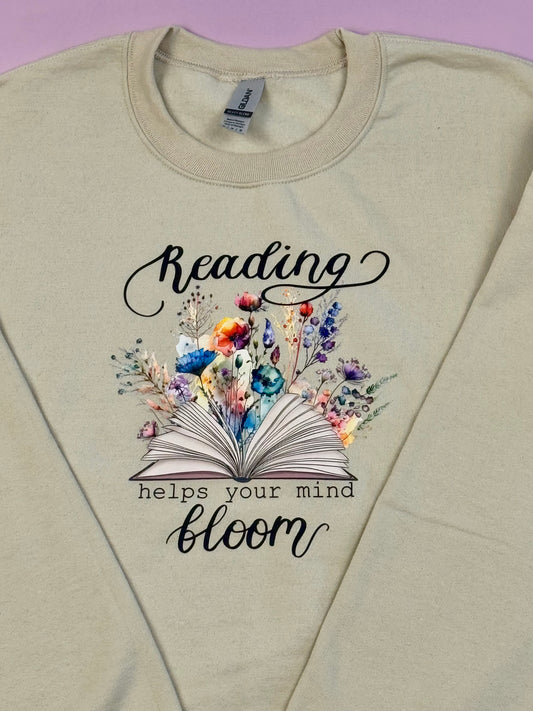 “Reading Helps Your Mind Bloom” Size Medium Sand Crewneck Sweater