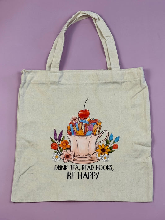 “Drink Tea, Read Books, Be Happy” Library Book Bag