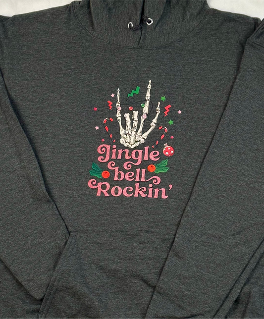 “Jingle Bell Rockin” Adult Size Medium Heather Charcoal Hoodie